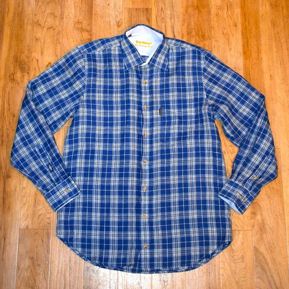Barbour Blue Plaid Linen‎ Long Sleeve Button Up Shirt Sz SM
